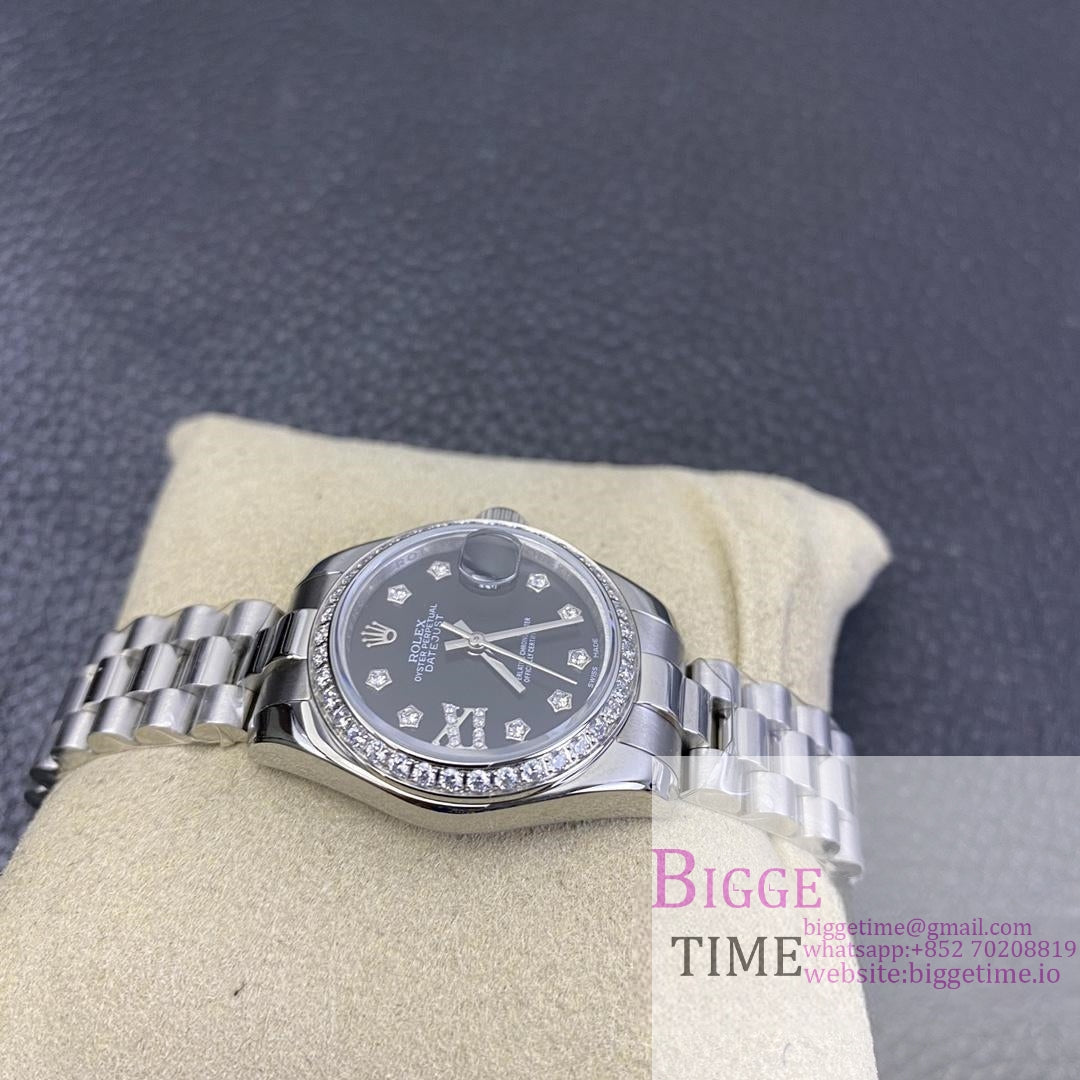 DateJust 28mm Ladies Diamond Bezel Black Dial Diamond Roma Marker Jubilee Bracelet WF A2236