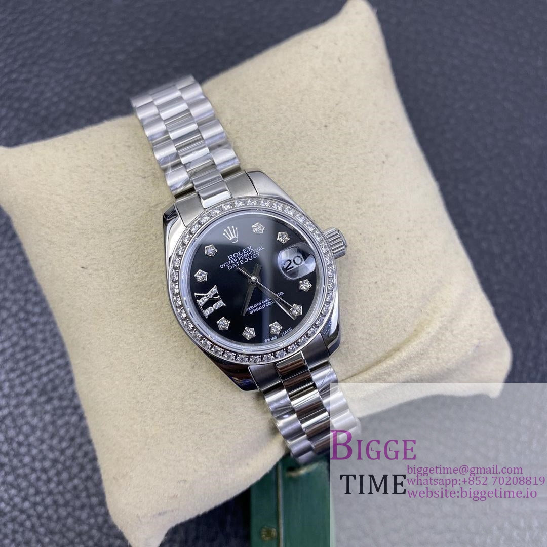 DateJust 28mm Ladies Diamond Bezel Black Dial Diamond Roma Marker Jubilee Bracelet WF A2236