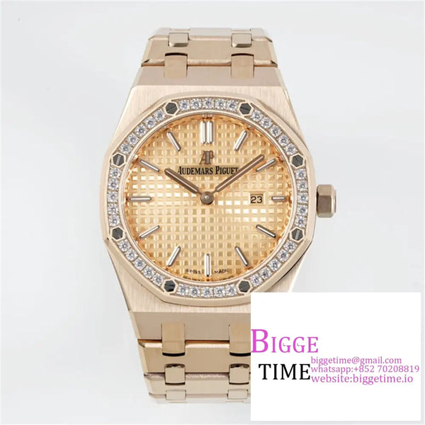 Ap Royal Oak 33Mm 67651 Diamond Bezel Rg Dial Bracelet Zf Swiss Quartz Option1 Audemars Piguet