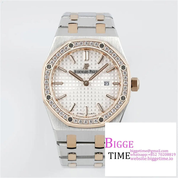 Ap Royal Oak 33Mm 67651 Diamond Bezel Rg White Dial Bracelet Zf Swiss Quartz Option1 Audemars Piguet