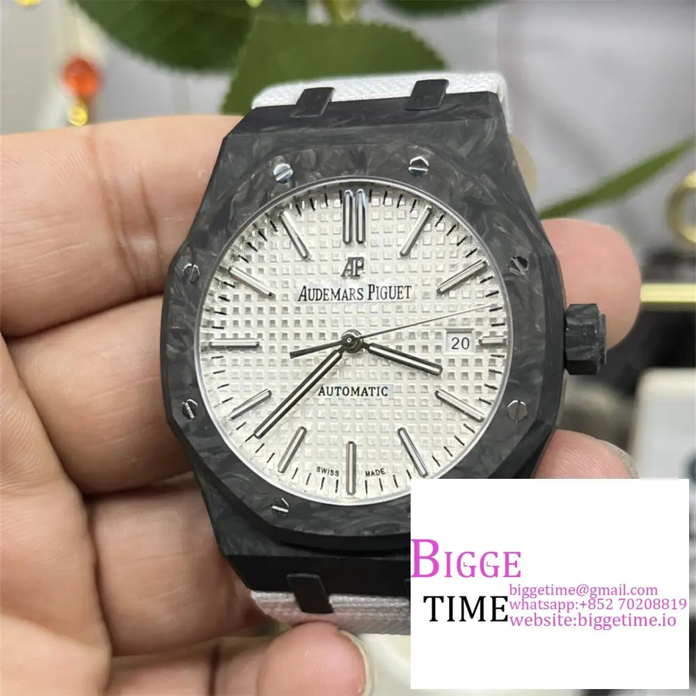 Ap Royal Oak 41Mm 15400 Carbon Fiber White Dial Leather Strap Opf A3120 Audemars Piguet