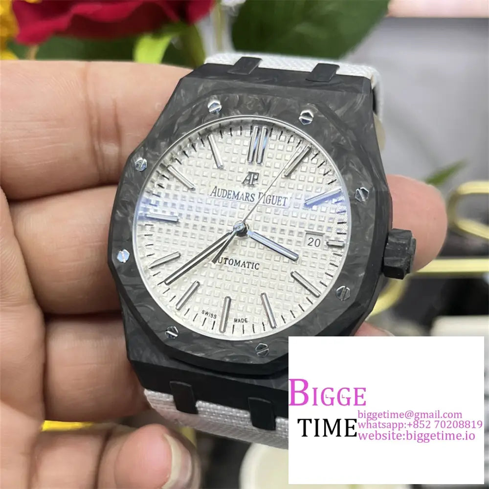 Ap Royal Oak 41Mm 15400 Carbon Fiber White Dial Leather Strap Opf A3120 Audemars Piguet