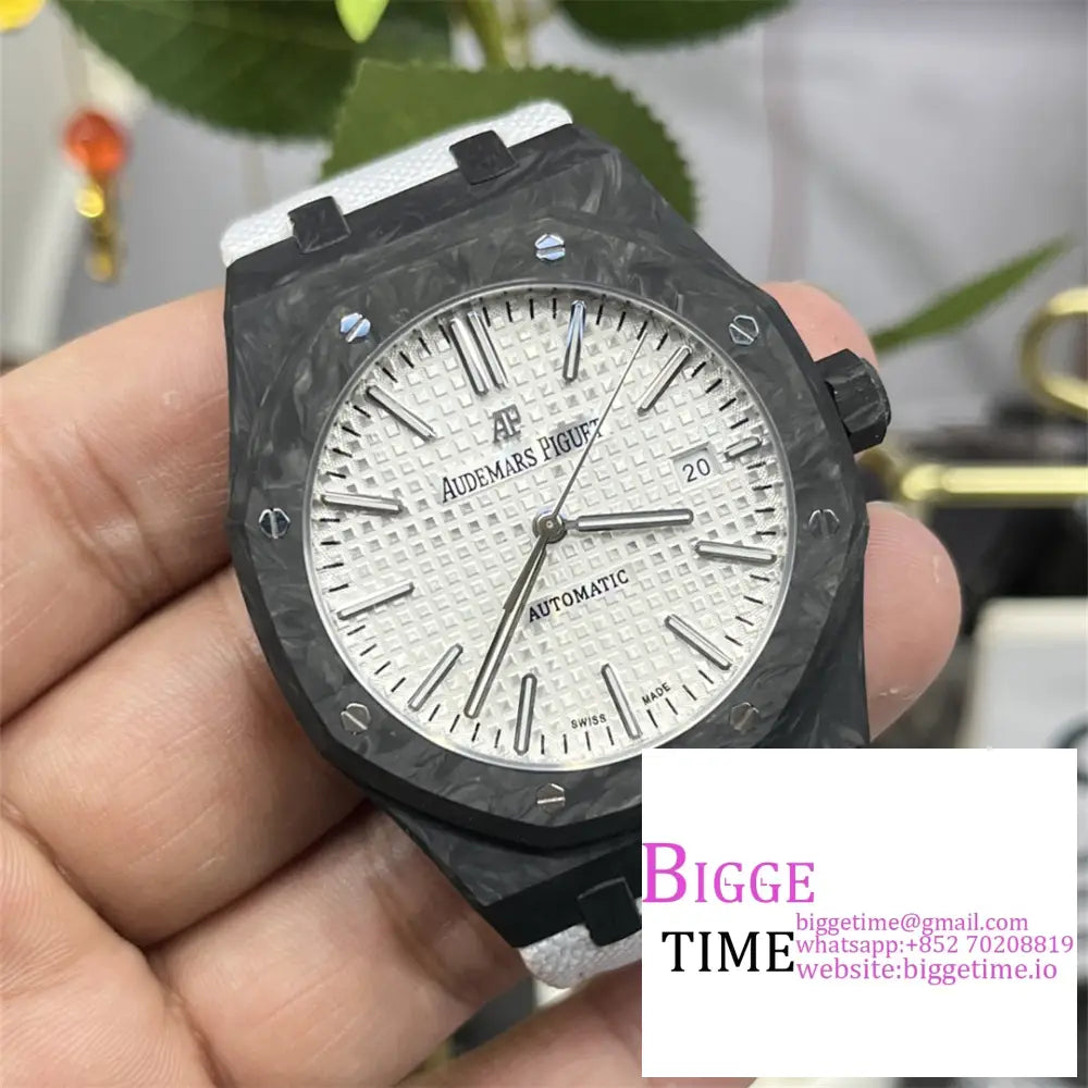 Ap Royal Oak 41Mm 15400 Carbon Fiber White Dial Leather Strap Opf A3120 Audemars Piguet