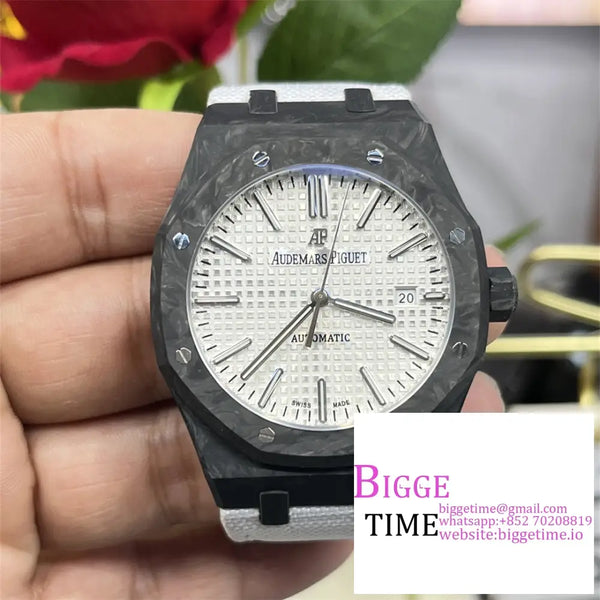 Ap Royal Oak 41Mm 15400 Carbon Fiber White Dial Leather Strap Opf A3120 Option1 Audemars Piguet