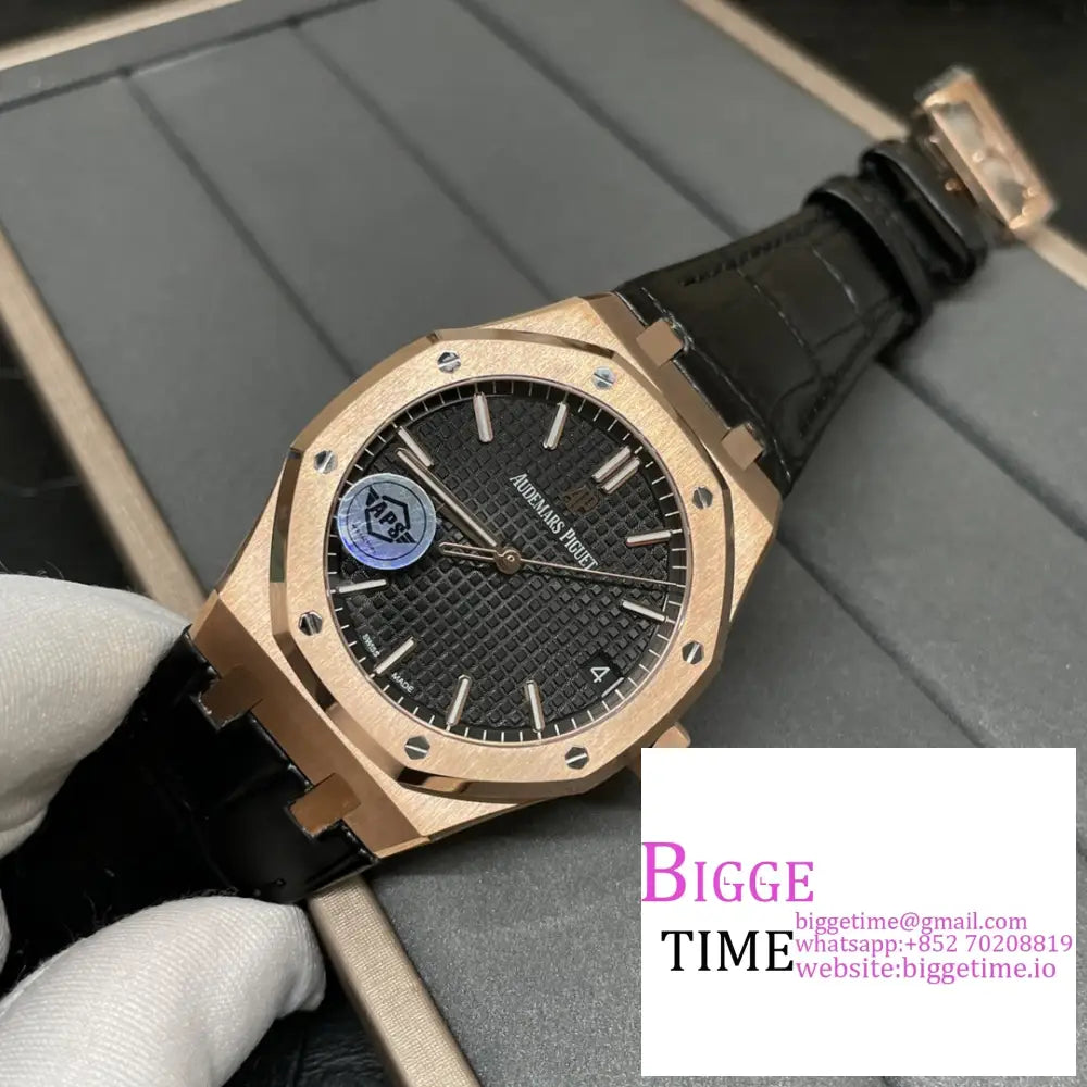 Ap Royal Oak 41Mm 15500 Rg Black Dial Leather Strap Apsf A4302 Audemars Piguet