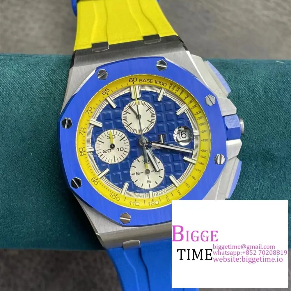 Ap Royal Oak Offshore 44Mm 26400 Ceramic Bezel Blue/White Dial Yellow/Blue Rubber Strap Apf A3126