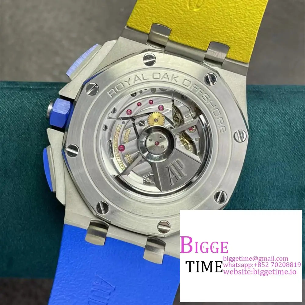 Ap Royal Oak Offshore 44Mm 26400 Ceramic Bezel Blue/White Dial Yellow/Blue Rubber Strap Apf A3126