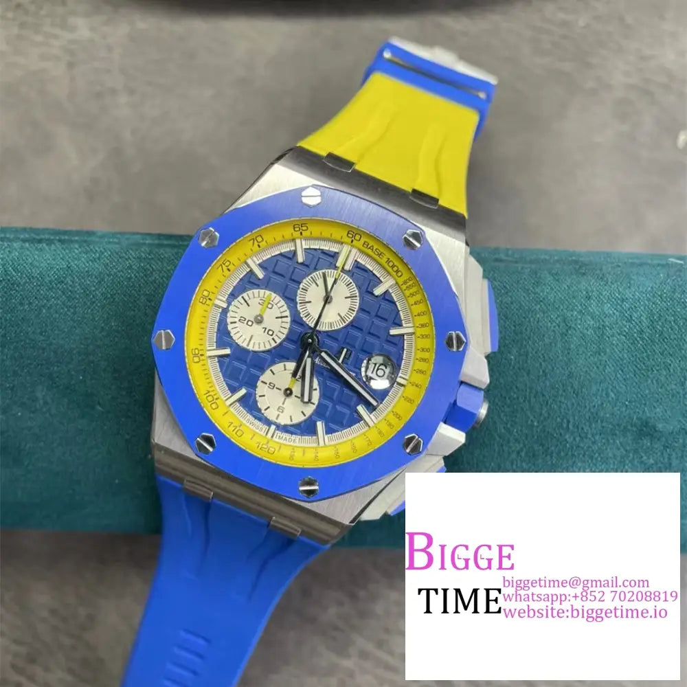 Ap Royal Oak Offshore 44Mm 26400 Ceramic Bezel Blue/White Dial Yellow/Blue Rubber Strap Apf A3126