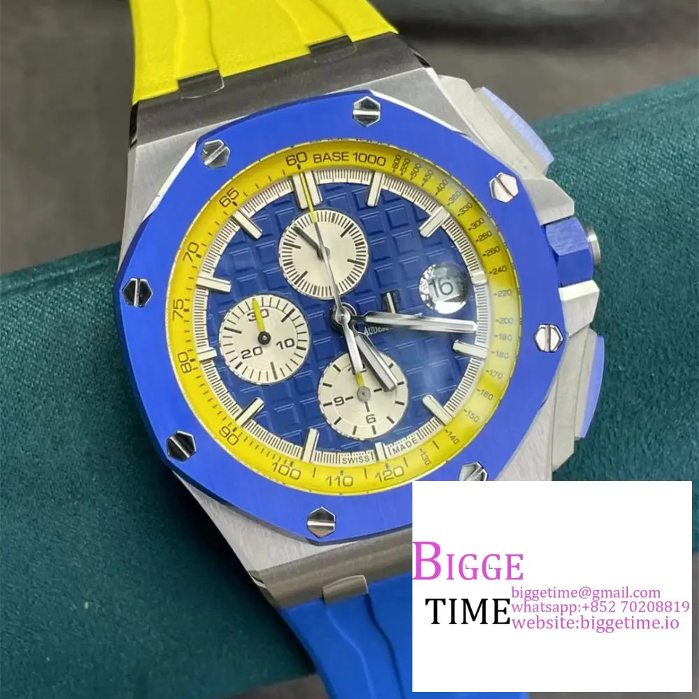 Ap Royal Oak Offshore 44Mm 26400 Ceramic Bezel Blue/White Dial Yellow/Blue Rubber Strap Apf A3126