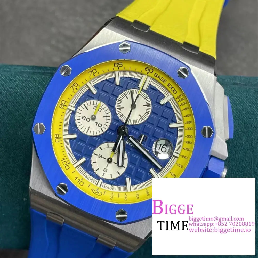 Ap Royal Oak Offshore 44Mm 26400 Ceramic Bezel Blue/White Dial Yellow/Blue Rubber Strap Apf A3126