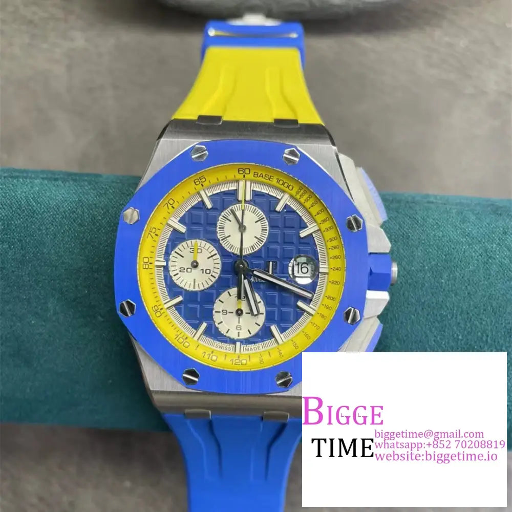 Ap Royal Oak Offshore 44Mm 26400 Ceramic Bezel Blue/White Dial Yellow/Blue Rubber Strap Apf A3126