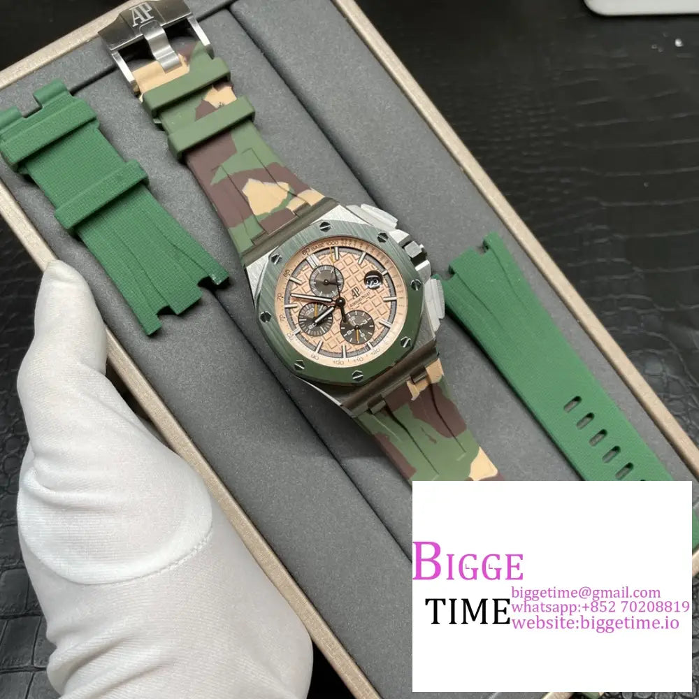 Ap Royal Oak Offshore 44Mm 26400 Ceramic Bezel Champagne/Black Dial Camo Rubber Strap Apf A3126