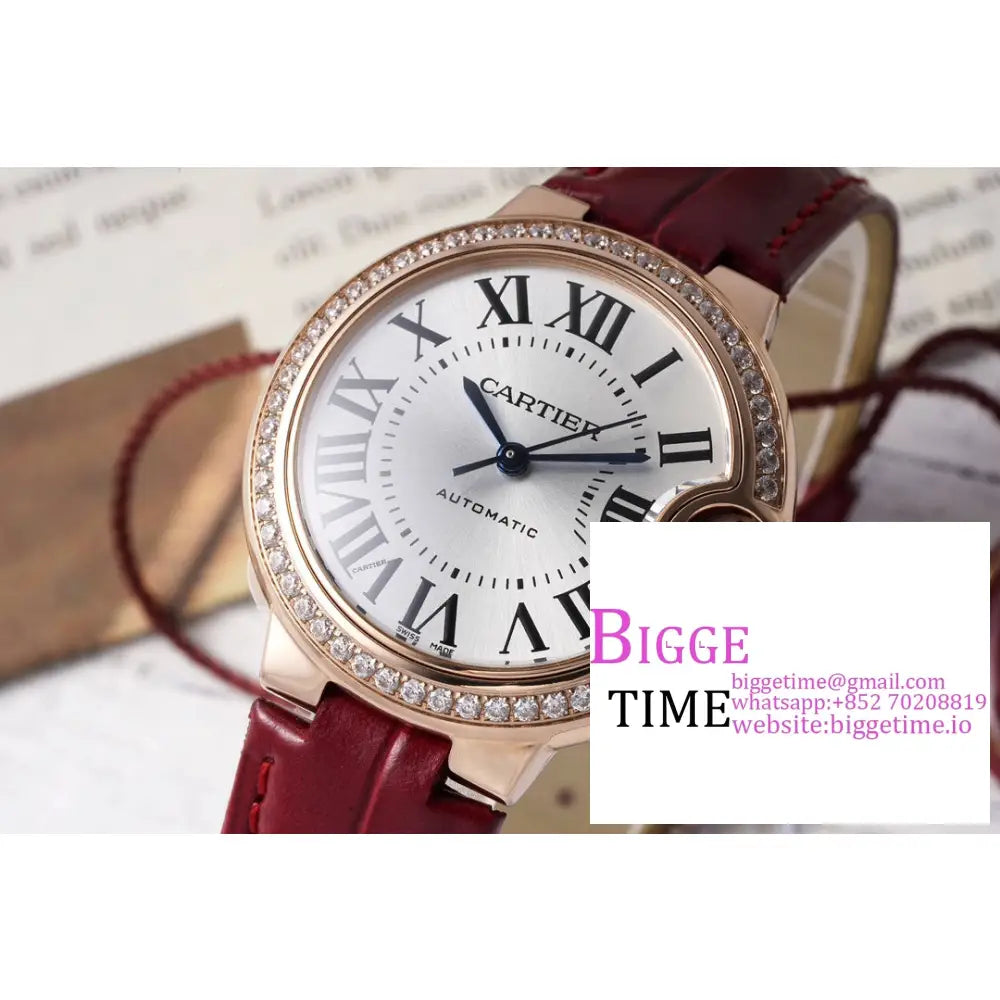 Ballon Bleu De Cartier 33Mm Rg Diamond Bezel White Dial Red Leather Strap Af Nh05A