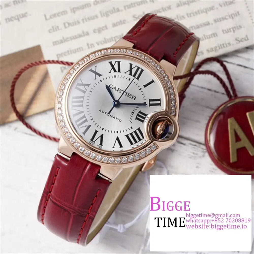 Ballon Bleu De Cartier 33Mm Rg Diamond Bezel White Dial Red Leather Strap Af Nh05A Option1