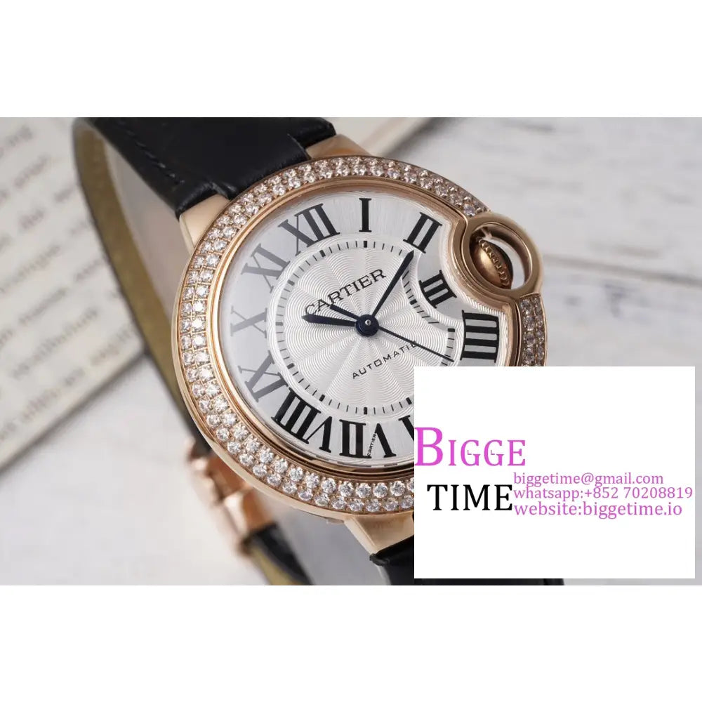 Ballon Bleu De Cartier 33Mm Rg Double Diamond Bezel White Dial Black Leather Strap Af Nh05A