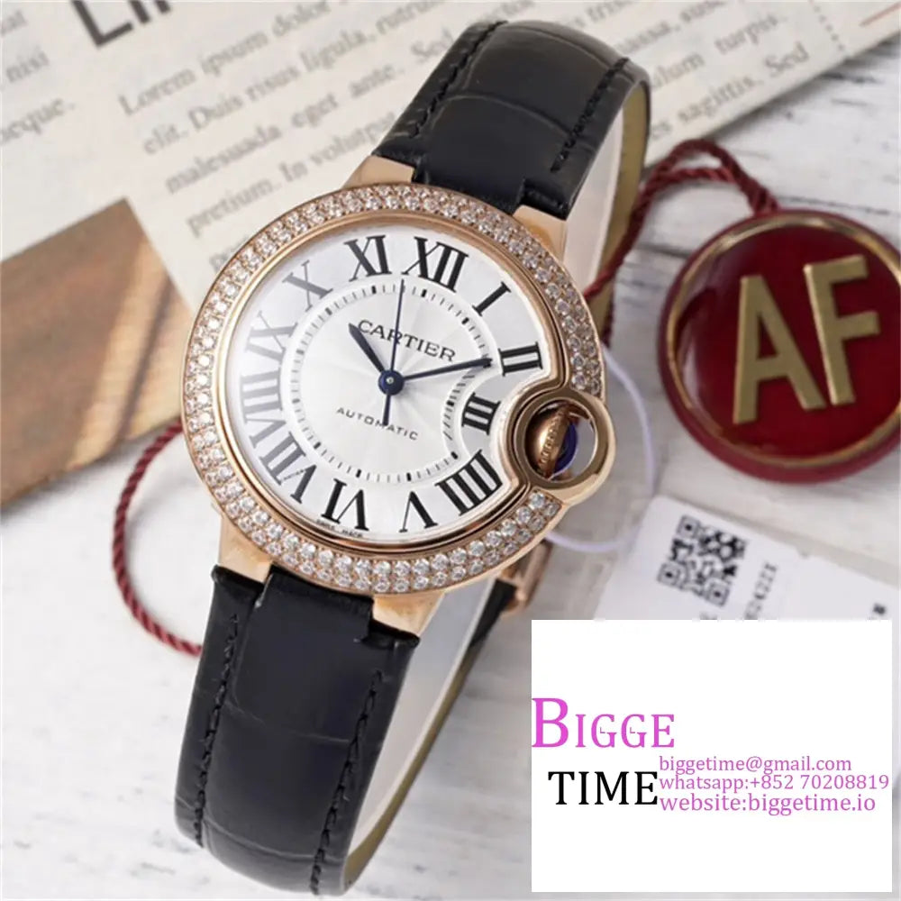 Ballon Bleu De Cartier 33Mm Rg Double Diamond Bezel White Dial Black Leather Strap Af Nh05A Option1