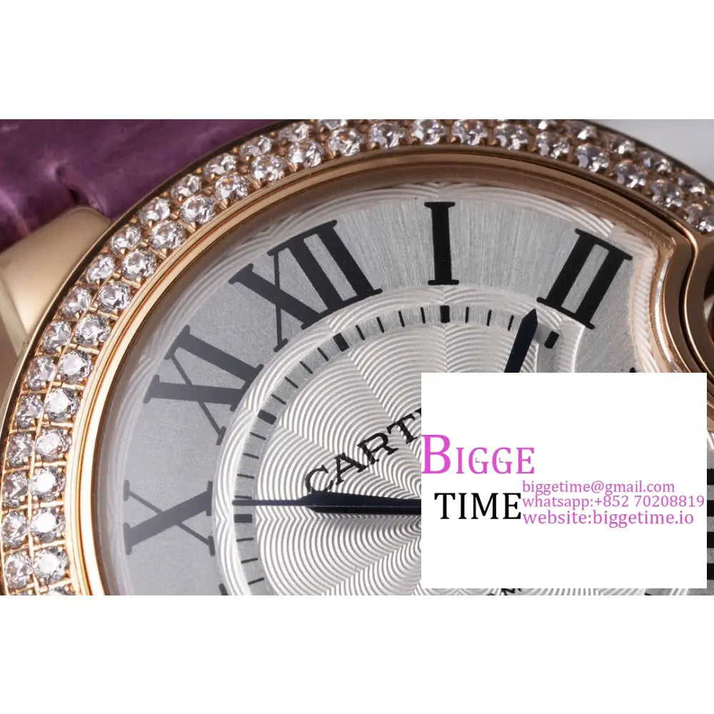 Ballon Bleu De Cartier 33Mm Rg Double Diamond Bezel White Dial Purple Leather Strap Af Nh05A