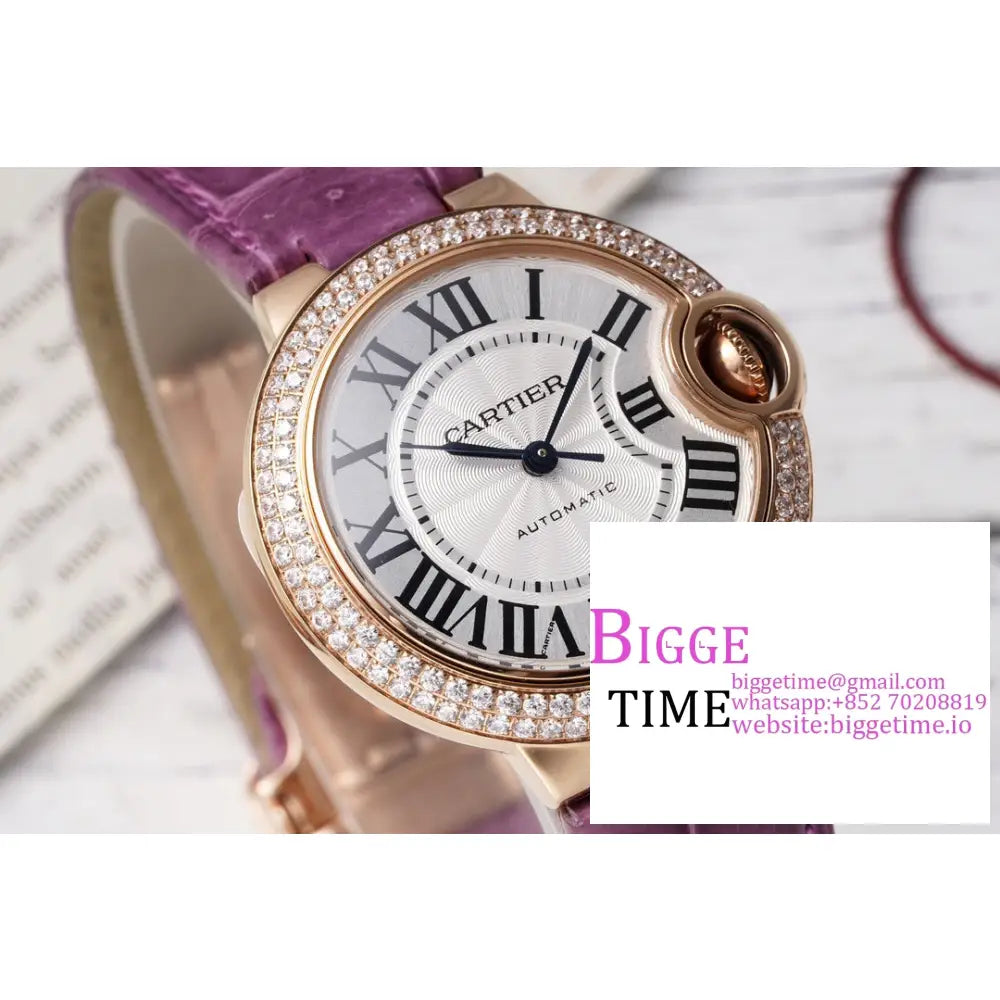 Ballon Bleu De Cartier 33Mm Rg Double Diamond Bezel White Dial Purple Leather Strap Af Nh05A