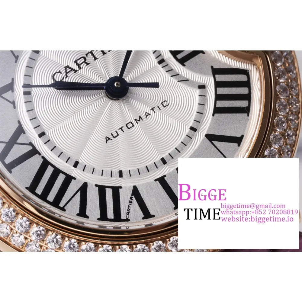 Ballon Bleu De Cartier 33Mm Rg Double Diamond Bezel White Dial Purple Leather Strap Af Nh05A