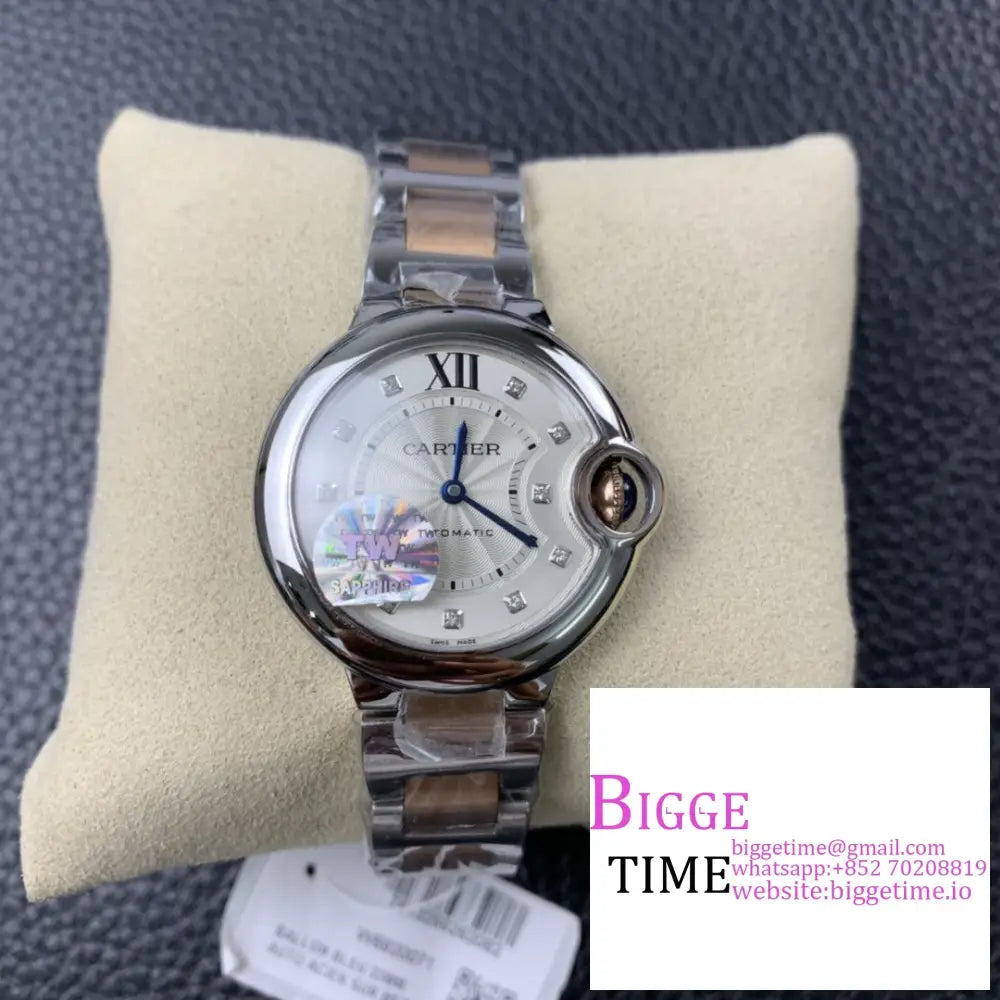 Ballon Bleu De Cartier 33Mm Rg/Ss White Dial Diamond Marker Two Hands Bracelet Twf Nh05A Option1