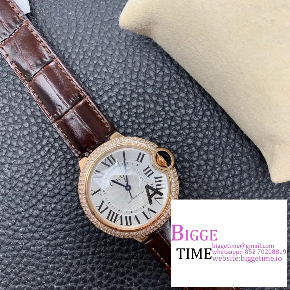 Ballon Bleu De Cartier 36Mm Rg Double Diamond Bezel White Dial Brown Leather Strap Af A2824