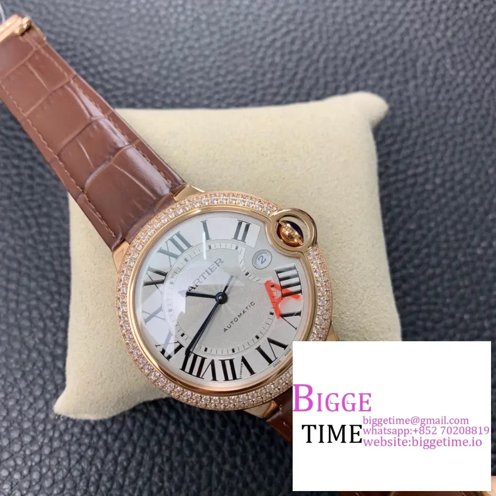 Ballon Bleu De Cartier 42Mm Rg Double Diamond Bezel White Dial Brown Leather Strap Af A2824