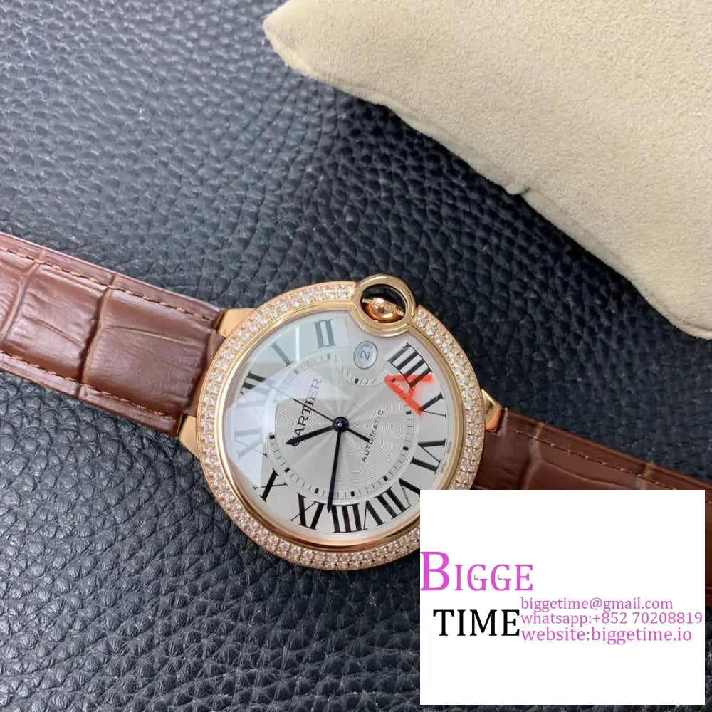 Ballon Bleu De Cartier 42Mm Rg Double Diamond Bezel White Dial Brown Leather Strap Af A2824