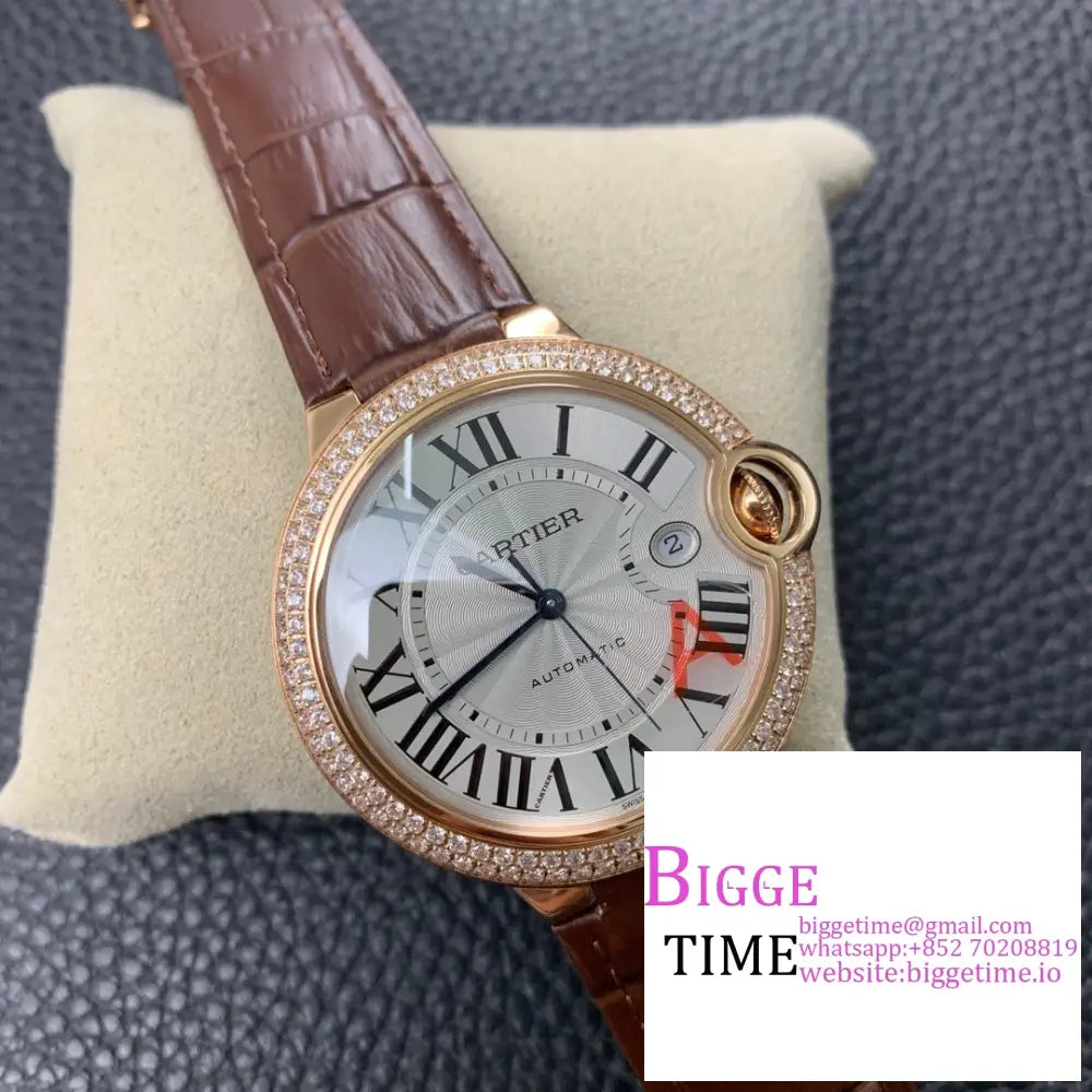 Ballon Bleu De Cartier 42Mm Rg Double Diamond Bezel White Dial Brown Leather Strap Af A2824