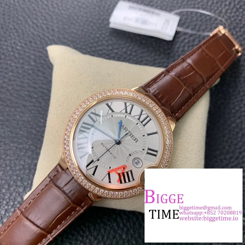 Ballon Bleu De Cartier 42Mm Rg Double Diamond Bezel White Dial Brown Leather Strap Af A2824