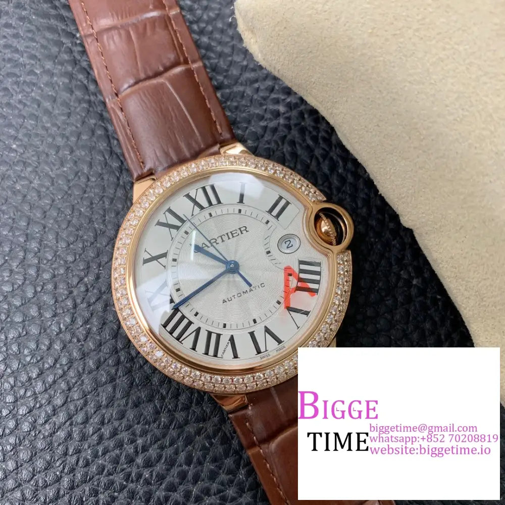 Ballon Bleu De Cartier 42Mm Rg Double Diamond Bezel White Dial Brown Leather Strap Af A2824