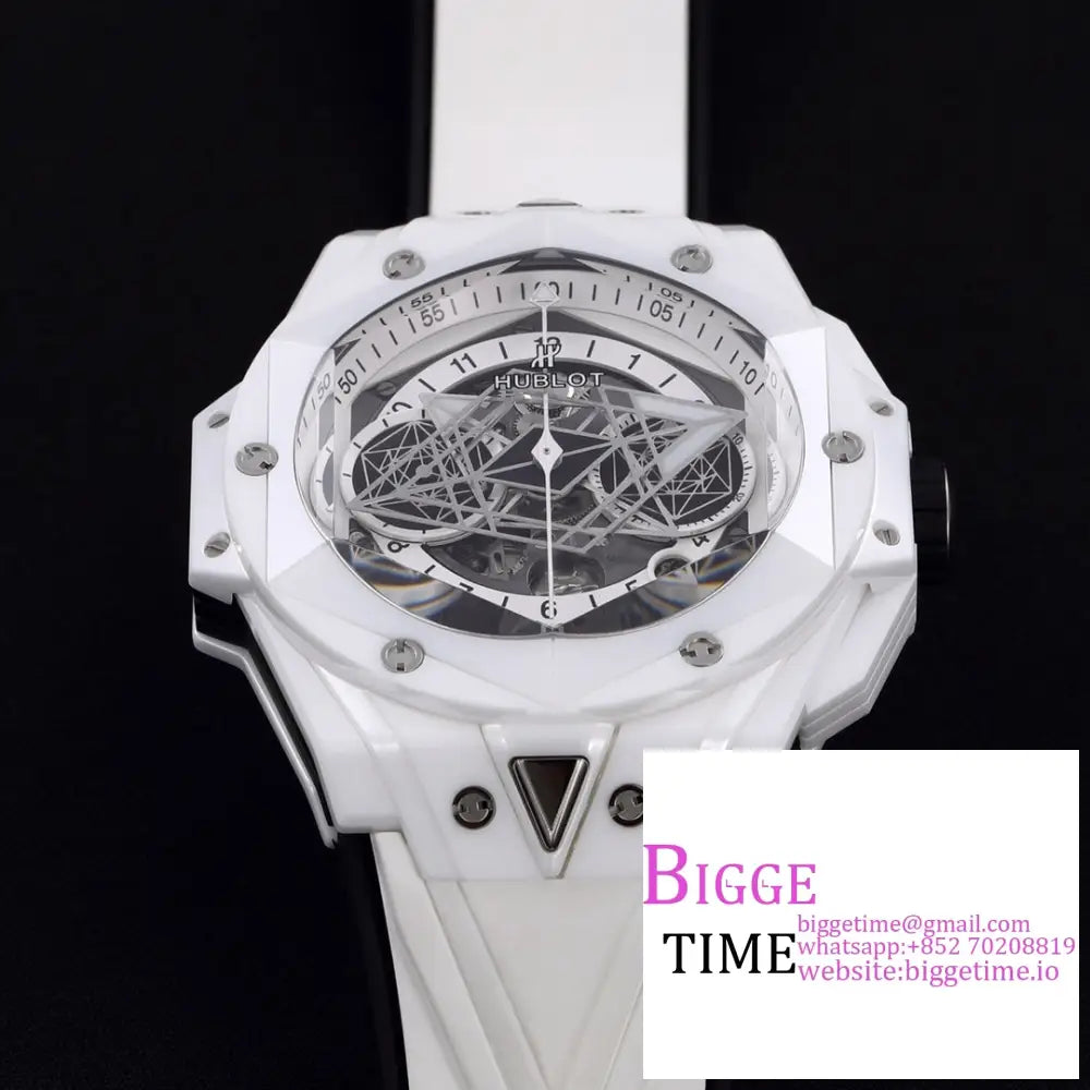 Big Bang Sang Bleu Ii Chrono 45Mm White Ceramic Bezel Dial Rubber Strap Bbf A1240 Hublot