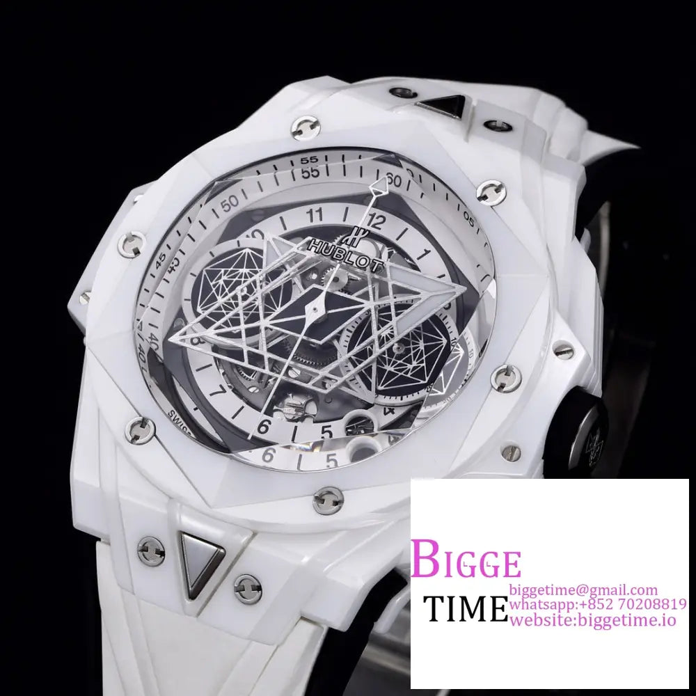 Big Bang Sang Bleu Ii Chrono 45Mm White Ceramic Bezel Dial Rubber Strap Bbf A1240 Hublot