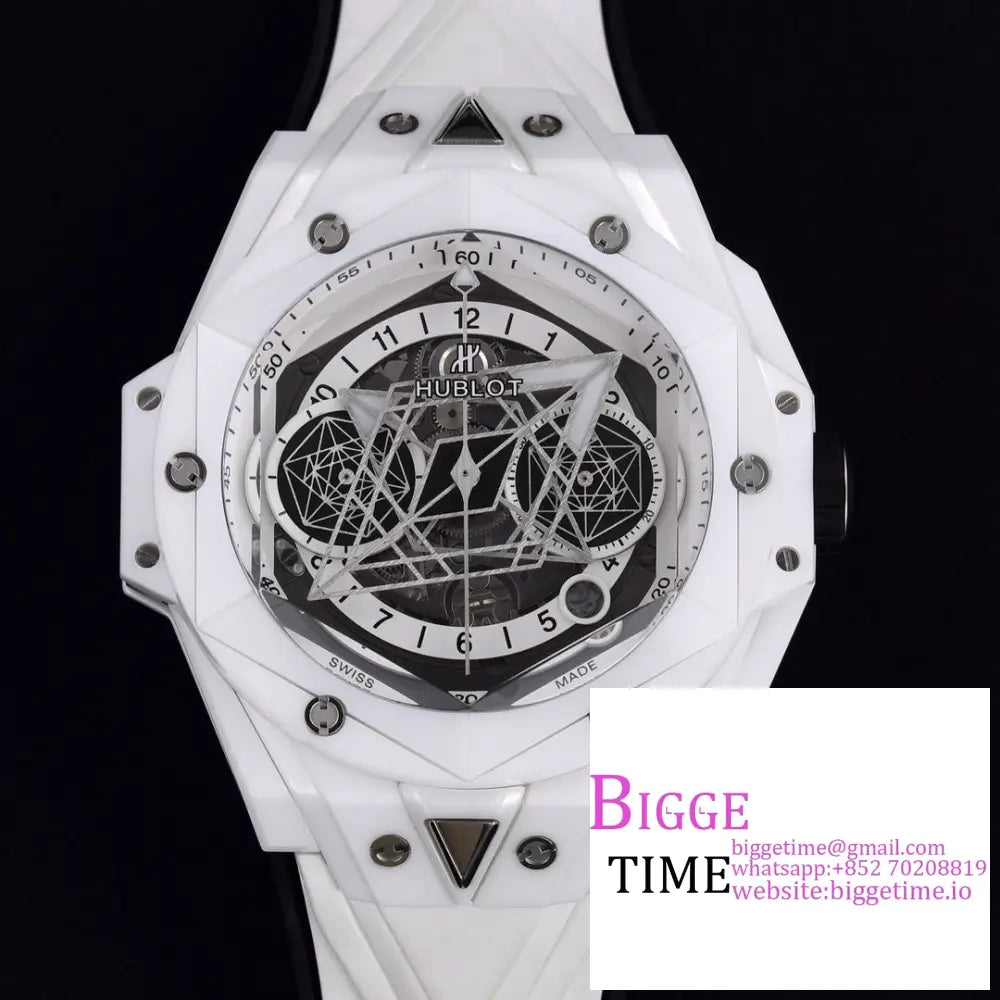 Big Bang Sang Bleu Ii Chrono 45Mm White Ceramic Bezel Dial Rubber Strap Bbf A1240 Hublot