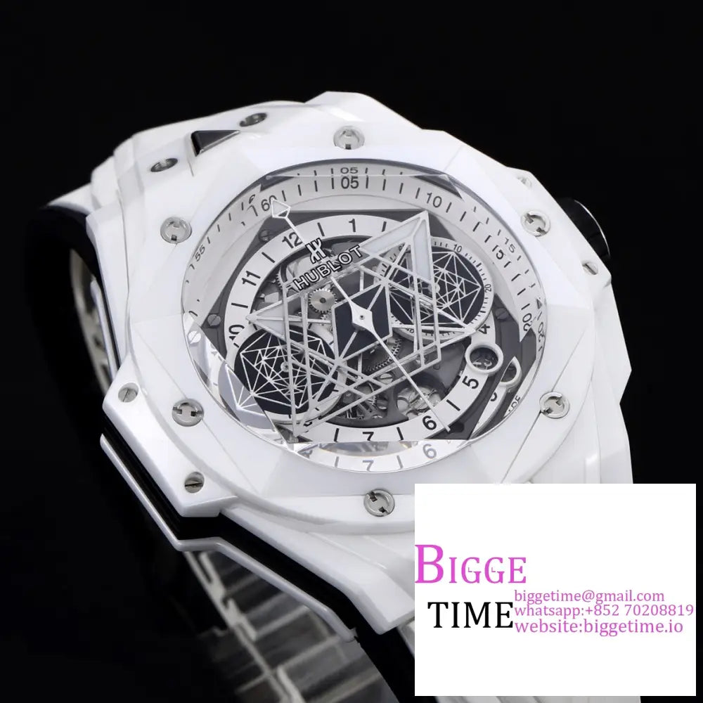 Big Bang Sang Bleu Ii Chrono 45Mm White Ceramic Bezel Dial Rubber Strap Bbf A1240 Hublot