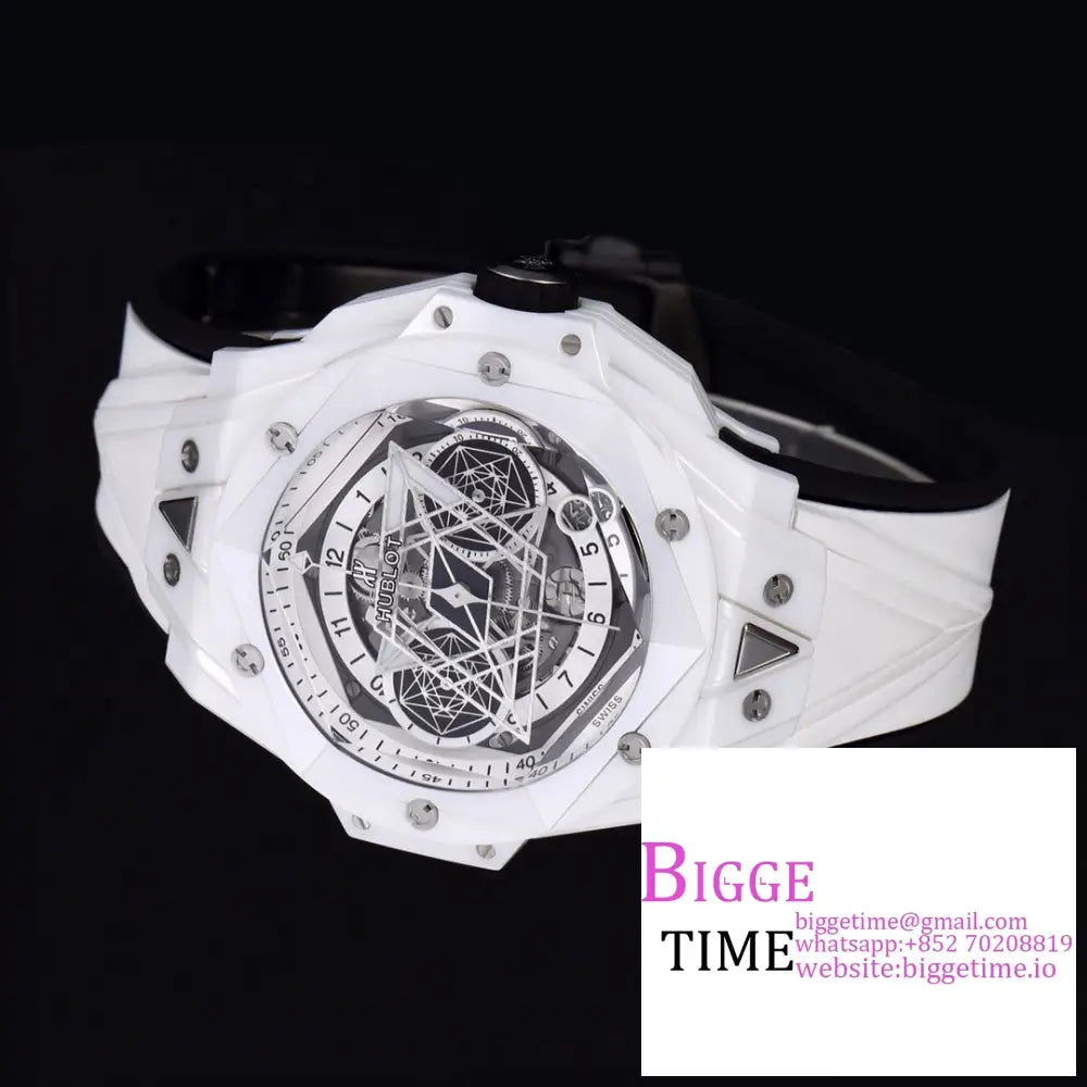 Big Bang Sang Bleu Ii Chrono 45Mm White Ceramic Bezel Dial Rubber Strap Bbf A1240 Hublot