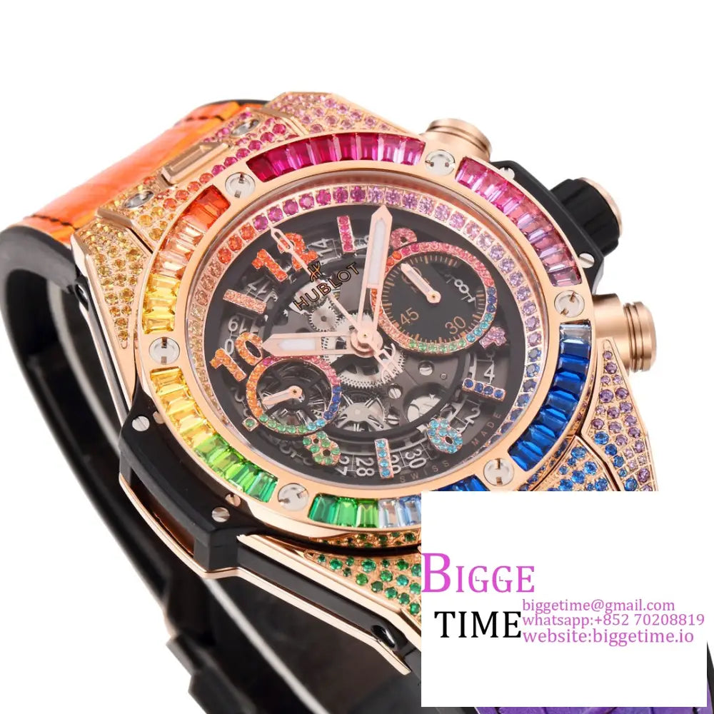 Big Bang Unico Chrono 42Mm All Diamond Bezel Rainbow Skeleton Dial Marker Rubber Strap Bbf A1280