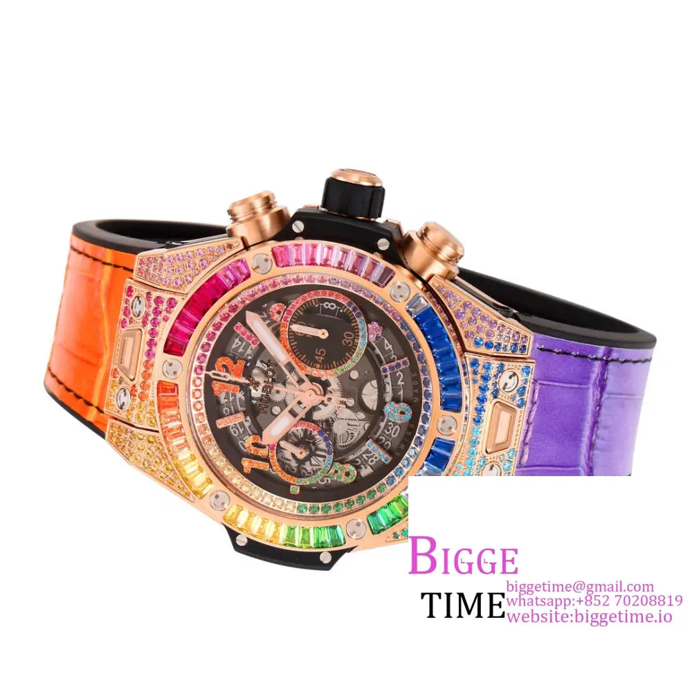 Big Bang Unico Chrono 42Mm All Diamond Bezel Rainbow Skeleton Dial Marker Rubber Strap Bbf A1280