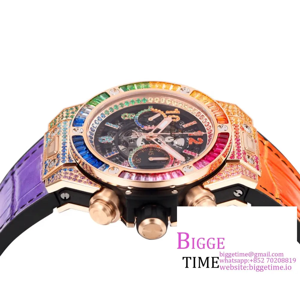 Big Bang Unico Chrono 42Mm All Diamond Bezel Rainbow Skeleton Dial Marker Rubber Strap Bbf A1280