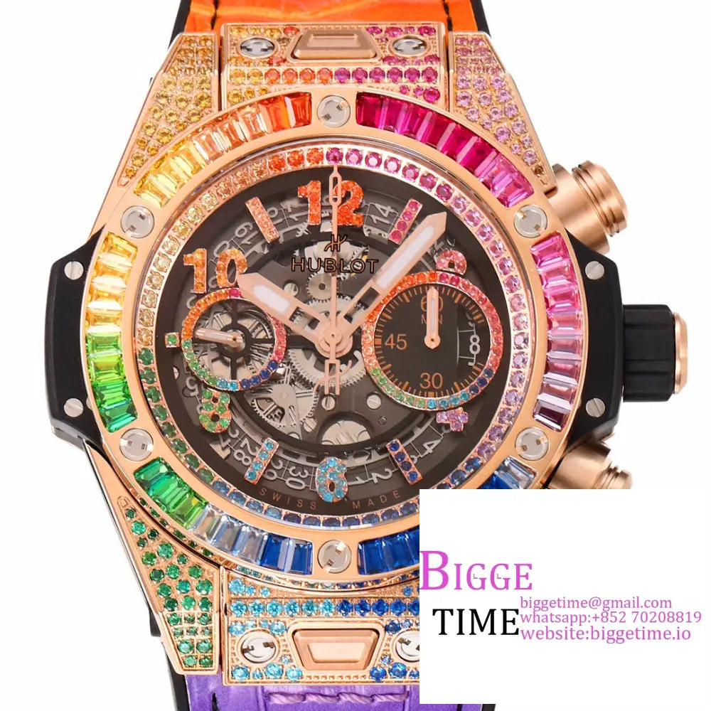 Big Bang Unico Chrono 42Mm All Diamond Bezel Rainbow Skeleton Dial Marker Rubber Strap Bbf A1280