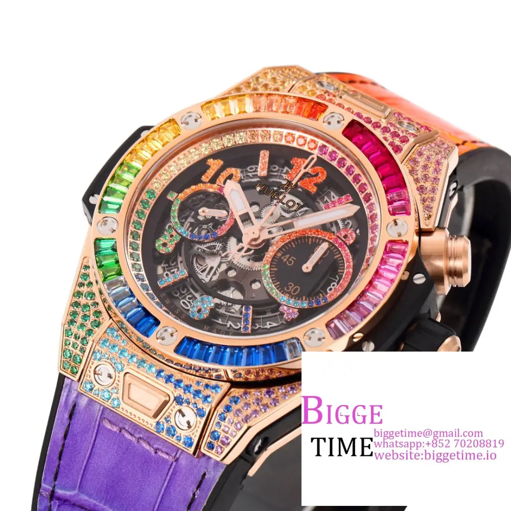 Big Bang Unico Chrono 42Mm All Diamond Bezel Rainbow Skeleton Dial Marker Rubber Strap Bbf A1280