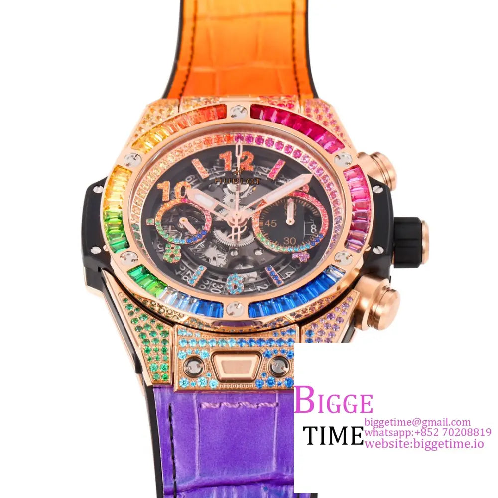 Big Bang Unico Chrono 42Mm All Diamond Bezel Rainbow Skeleton Dial Marker Rubber Strap Bbf A1280