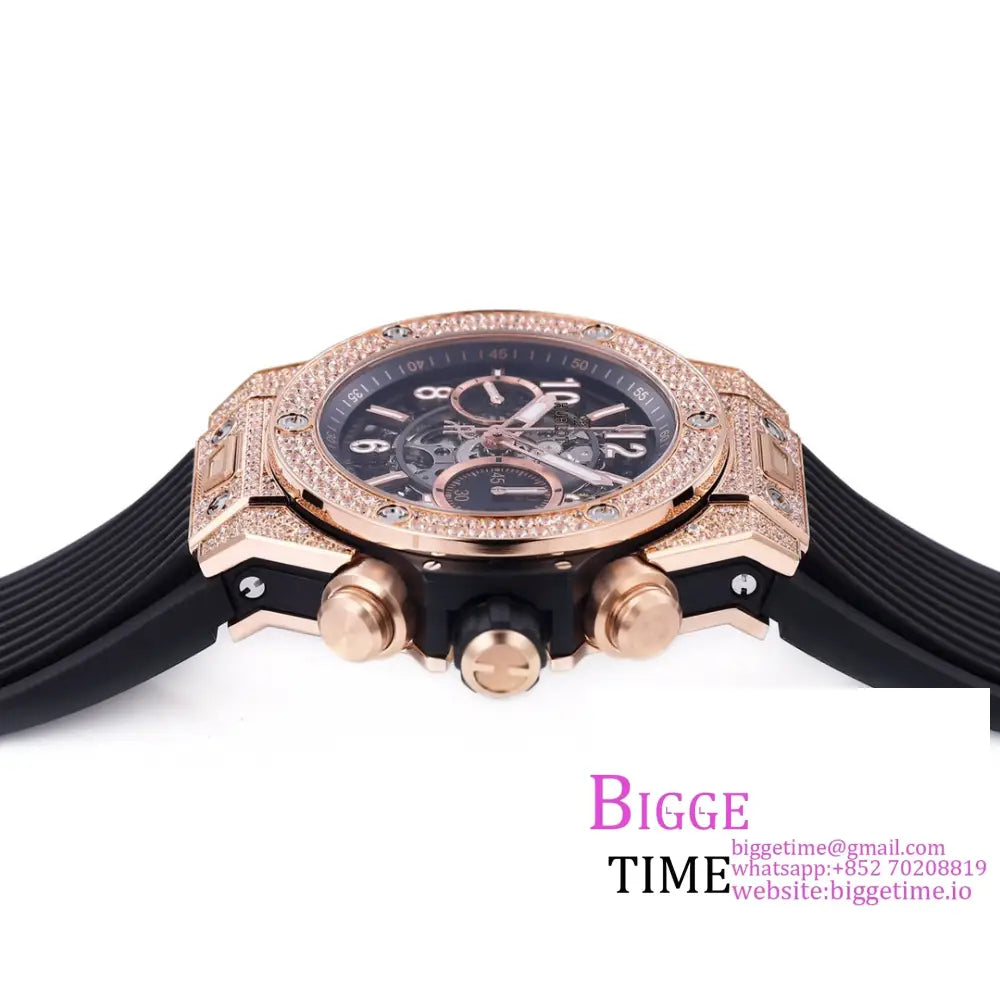 Big Bang Unico Chrono 42Mm All Diamond Bezel Rg Skeleton Dial Black Rubber Strap Bbf A1280 Hublot