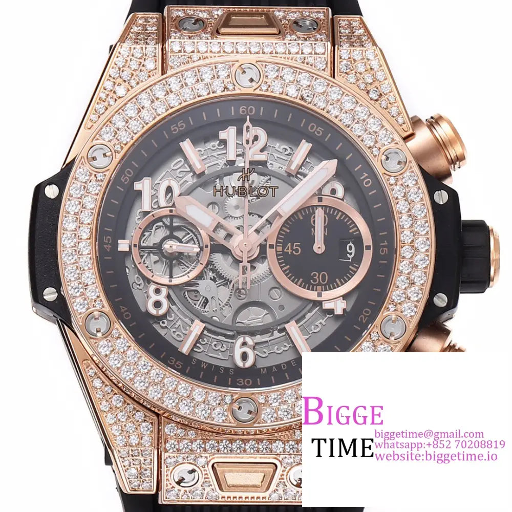 Big Bang Unico Chrono 42Mm All Diamond Bezel Rg Skeleton Dial Black Rubber Strap Bbf A1280 Hublot