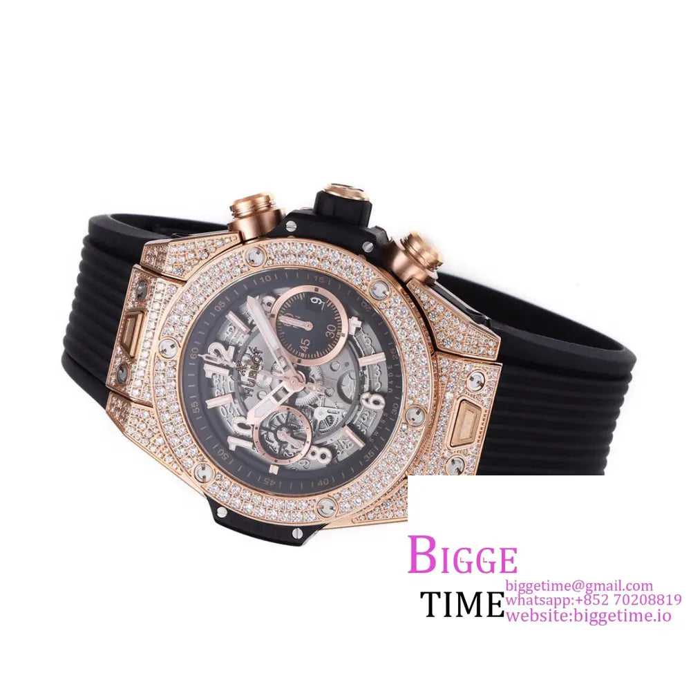 Big Bang Unico Chrono 42Mm All Diamond Bezel Rg Skeleton Dial Black Rubber Strap Bbf A1280 Hublot