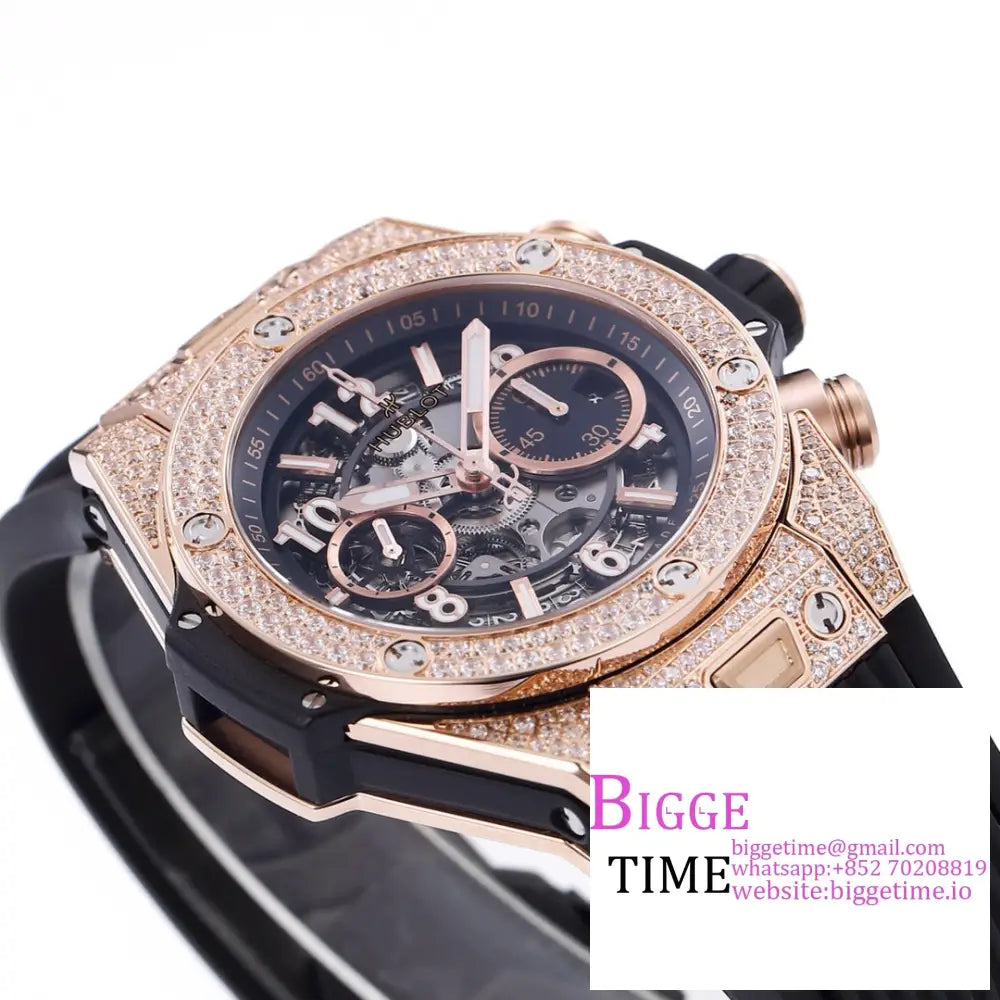 Big Bang Unico Chrono 42Mm All Diamond Bezel Rg Skeleton Dial Black Rubber Strap Bbf A1280 Hublot