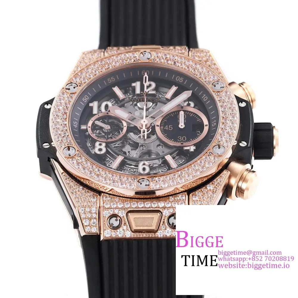 Big Bang Unico Chrono 42Mm All Diamond Bezel Rg Skeleton Dial Black Rubber Strap Bbf A1280 Hublot