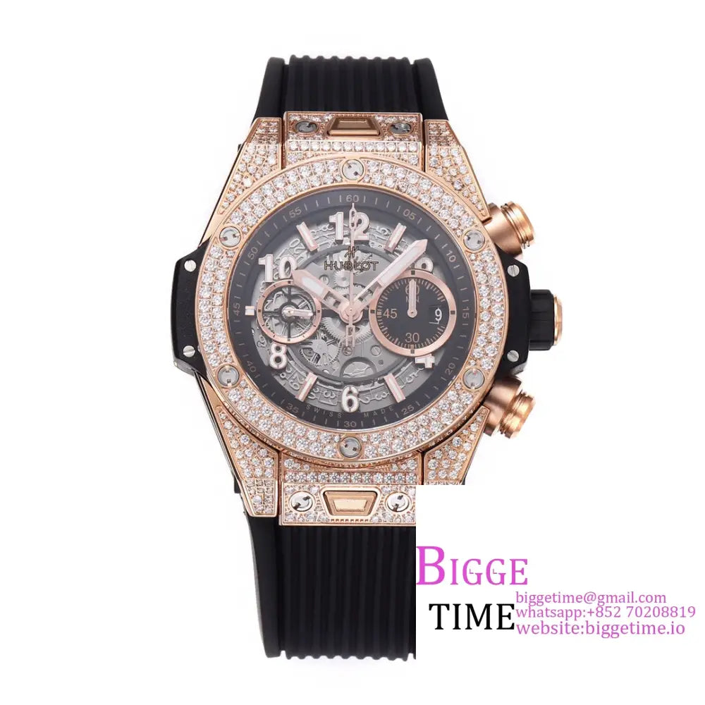 Big Bang Unico Chrono 42Mm All Diamond Bezel Rg Skeleton Dial Black Rubber Strap Bbf A1280 Option1