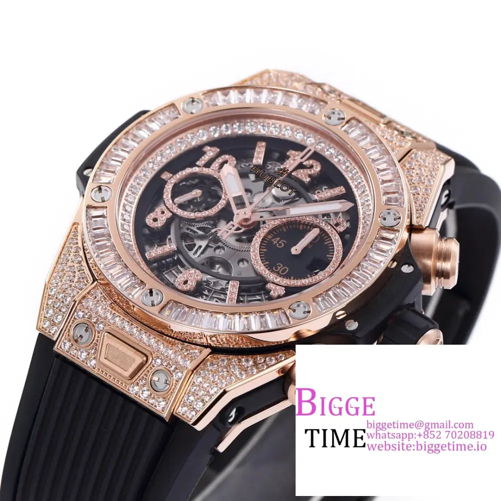 Big Bang Unico Chrono 42Mm All Diamond Bezel Rg Skeleton Dial Marker Black Rubber Strap Bbf A1280