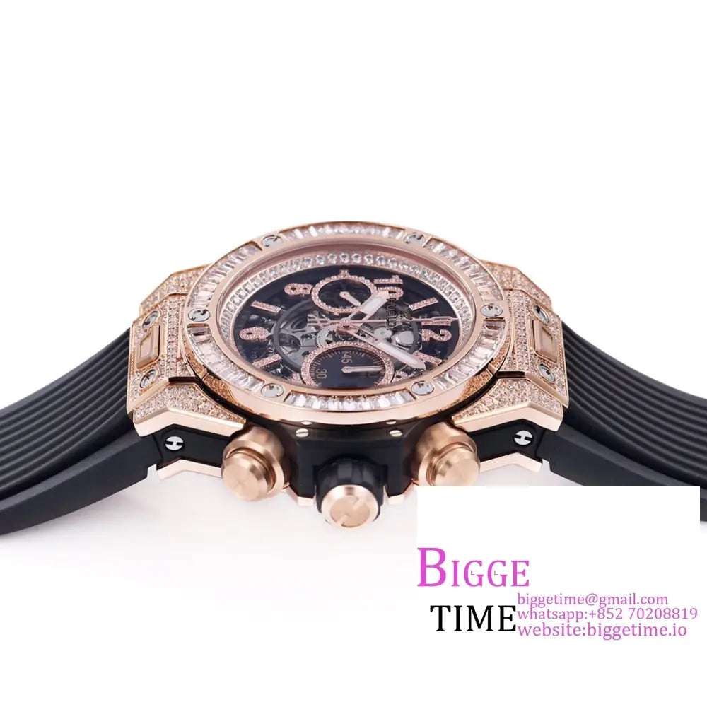 Big Bang Unico Chrono 42Mm All Diamond Bezel Rg Skeleton Dial Marker Black Rubber Strap Bbf A1280