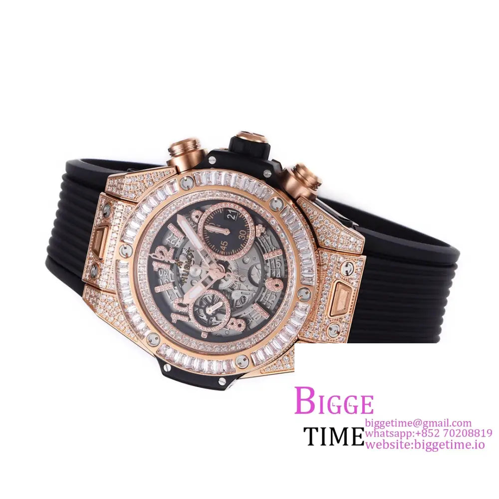 Big Bang Unico Chrono 42Mm All Diamond Bezel Rg Skeleton Dial Marker Black Rubber Strap Bbf A1280